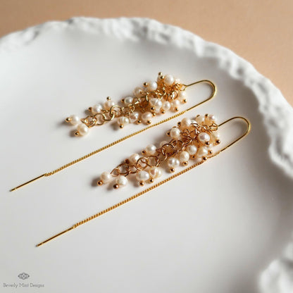 Pearl Cluster Threader Earrings, Long Statement Drop Earrings, Gold Chain Bridal Jewelry, Elegant, Sensitive Ear & Clip-On Options