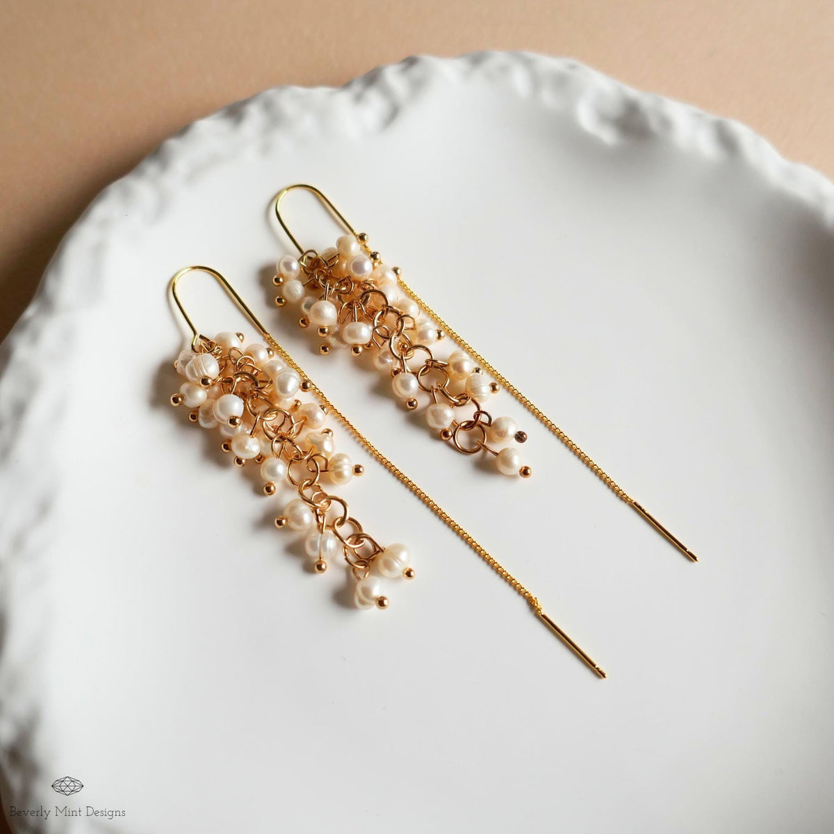 Pearl Cluster Threader Earrings, Long Statement Drop Earrings, Gold Chain Bridal Jewelry, Elegant, Sensitive Ear & Clip-On Options