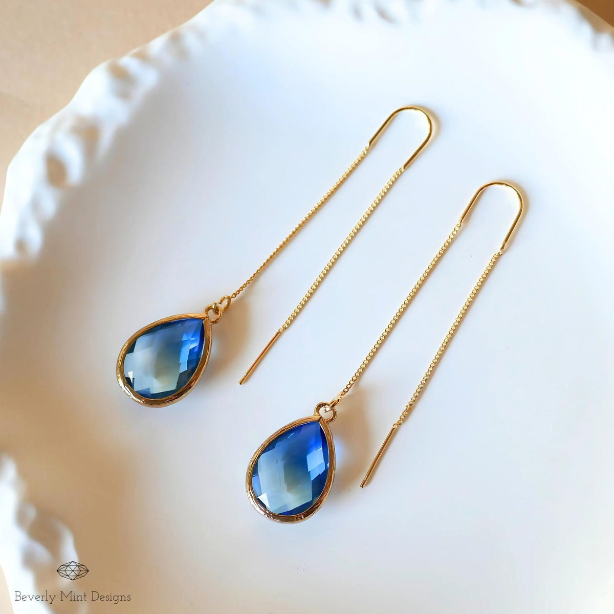 Blue and Green Teardrop Earrings, Blue Ombre Threader Earrings, Elegant Teardrop Earrings, Sensitive Ear & Clip-On Options