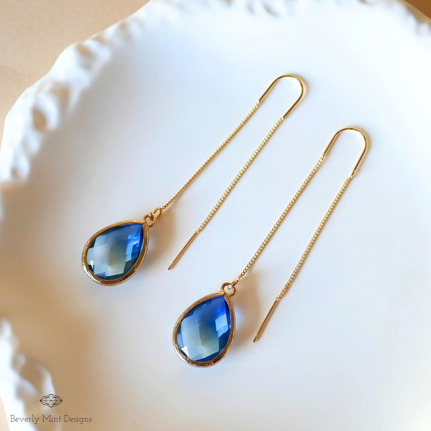 Blue and Green Teardrop Earrings, Blue Ombre Threader Earrings, Elegant Teardrop Earrings, Sensitive Ear & Clip-On Options