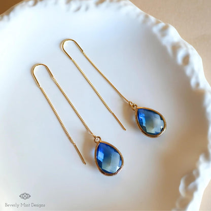 Blue and Green Teardrop Earrings, Blue Ombre Threader Earrings, Elegant Teardrop Earrings, Sensitive Ear & Clip-On Options