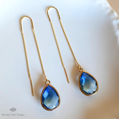 Blue and Green Teardrop Earrings, Blue Ombre Threader Earrings, Elegant Teardrop Earrings, Sensitive Ear & Clip-On Options