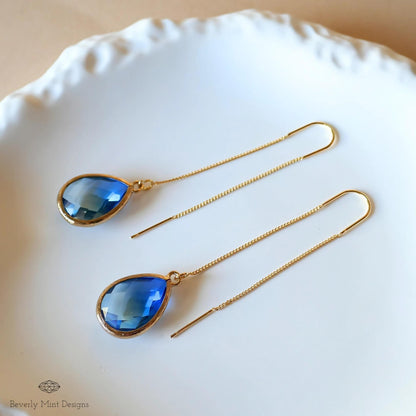 Blue and Green Teardrop Earrings, Blue Ombre Threader Earrings, Elegant Teardrop Earrings, Sensitive Ear & Clip-On Options