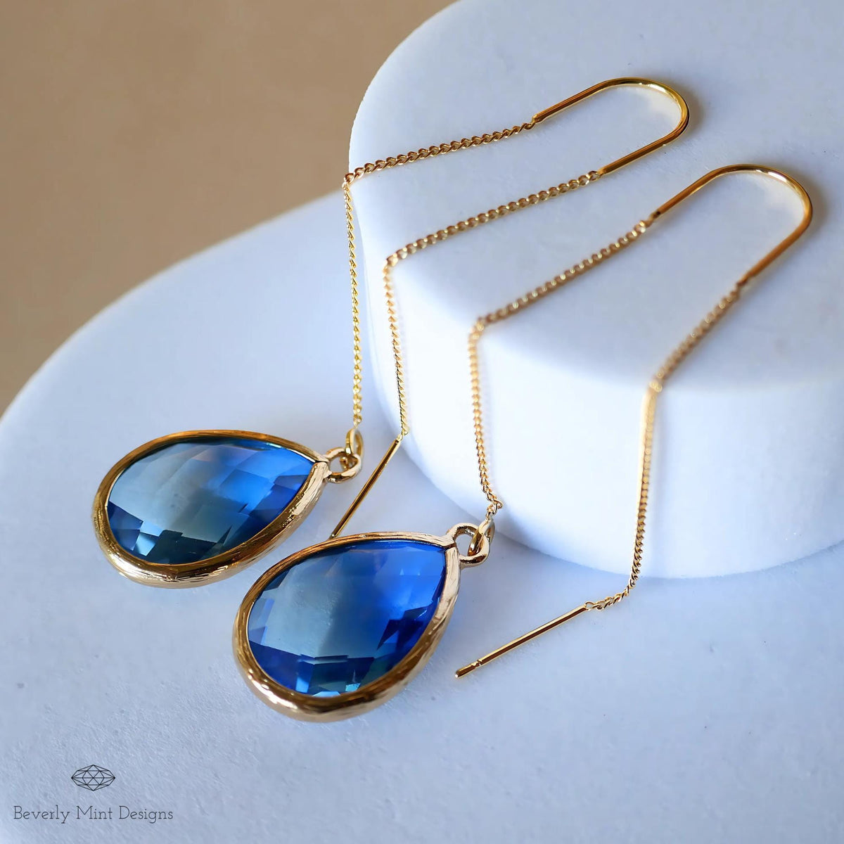 Blue and Green Teardrop Earrings, Blue Ombre Threader Earrings, Elegant Teardrop Earrings, Sensitive Ear & Clip-On Options