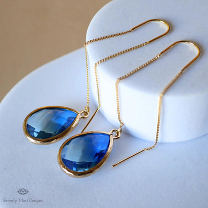 Blue and Green Teardrop Earrings, Blue Ombre Threader Earrings, Elegant Teardrop Earrings, Sensitive Ear & Clip-On Options