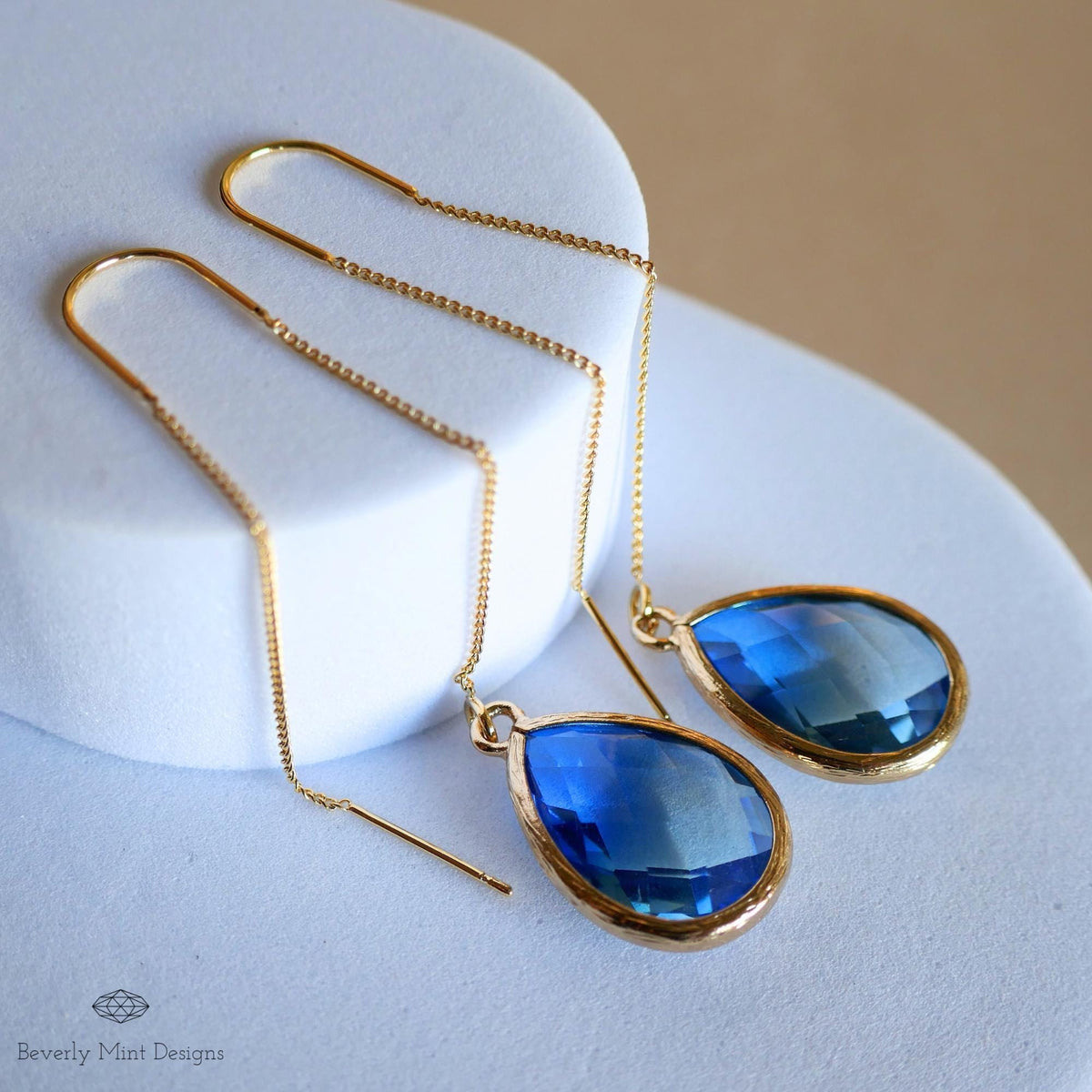 Blue and Green Teardrop Earrings, Blue Ombre Threader Earrings, Elegant Teardrop Earrings, Sensitive Ear & Clip-On Options