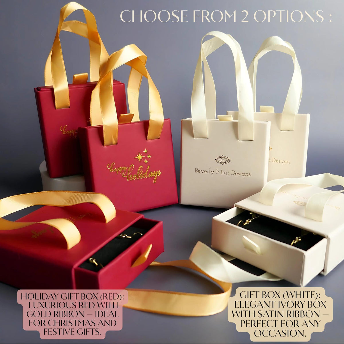 a collection of two types of gift boxes, one red and one white, with gold ribbons. The red gift box is labeled as a "Holiday Gift Box Red" and the white gift box is labeled as a "Gift Box (White) Elegant Ivory Box with Satin Ribbon - Perfect for any Occasion."