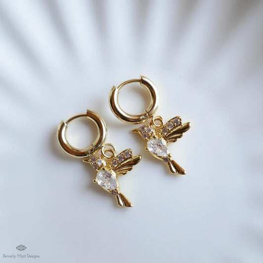 Gold Hummingbird Bird Hoop Earrings Zircon Charm Earrings Dainty Animal Jewelry Sparkly Gold Huggie Earrings Nature Inspired Earrings