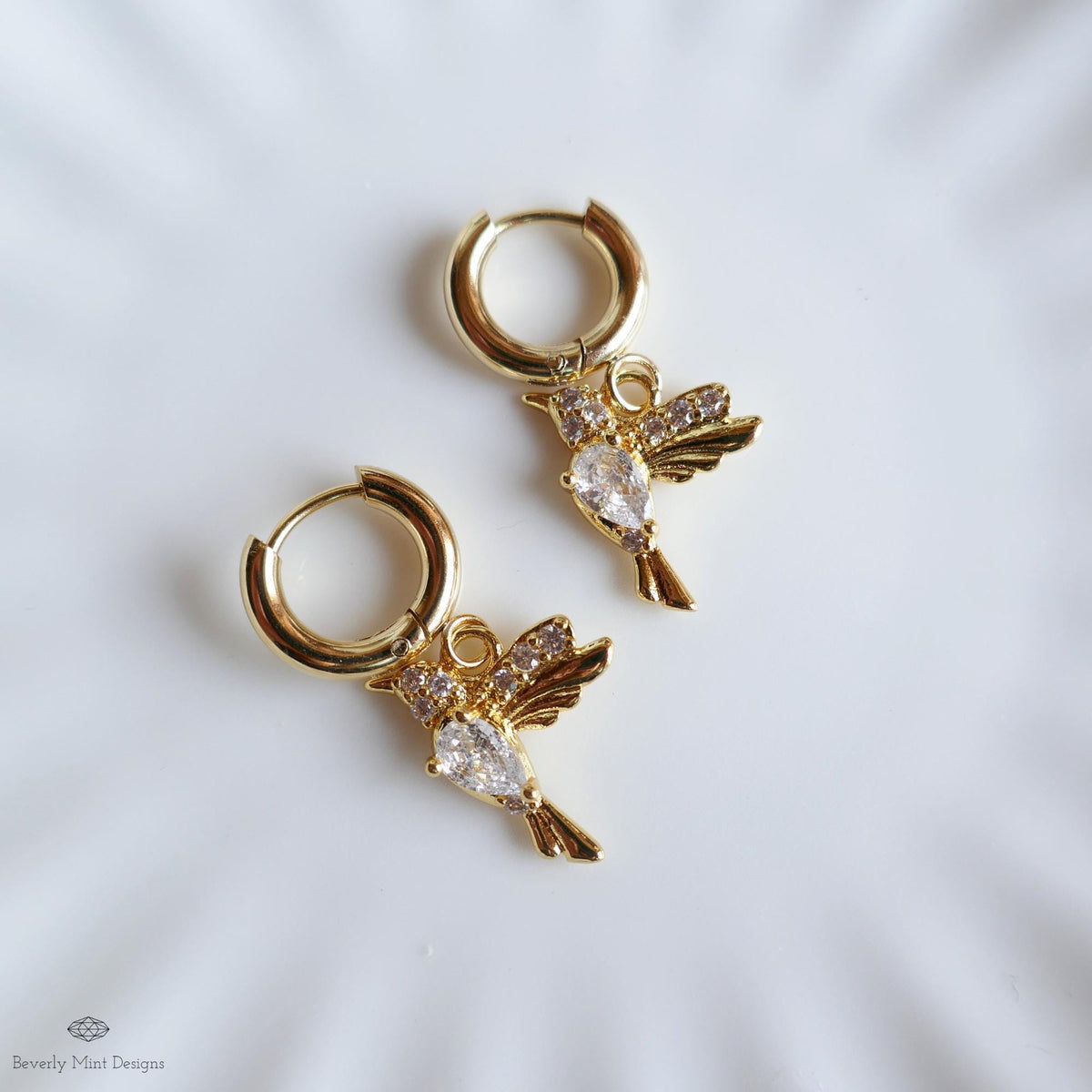 Gold Hummingbird Bird Hoop Earrings Zircon Charm Earrings Dainty Animal Jewelry Sparkly Gold Huggie Earrings Nature Inspired Earrings