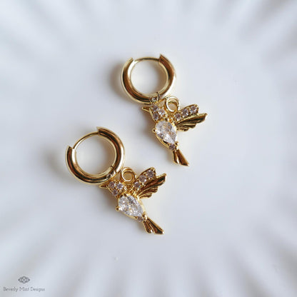 Gold Hummingbird Bird Hoop Earrings Zircon Charm Earrings Dainty Animal Jewelry Sparkly Gold Huggie Earrings Nature Inspired Earrings