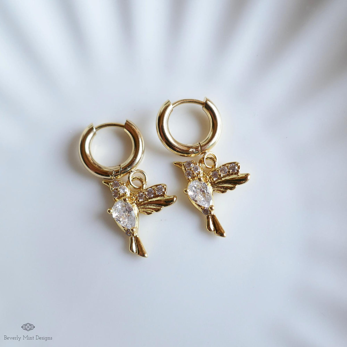 Gold Hummingbird Bird Hoop Earrings Zircon Charm Earrings Dainty Animal Jewelry Sparkly Gold Huggie Earrings Nature Inspired Earrings