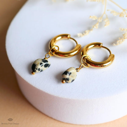 Dalmatian Jasper Earrings, Gold Huggie Hoop Earrings, Zebra Rock Jewelry, Dainty Stone Hoops, Minimalist Gift for Her, Boho Earrings