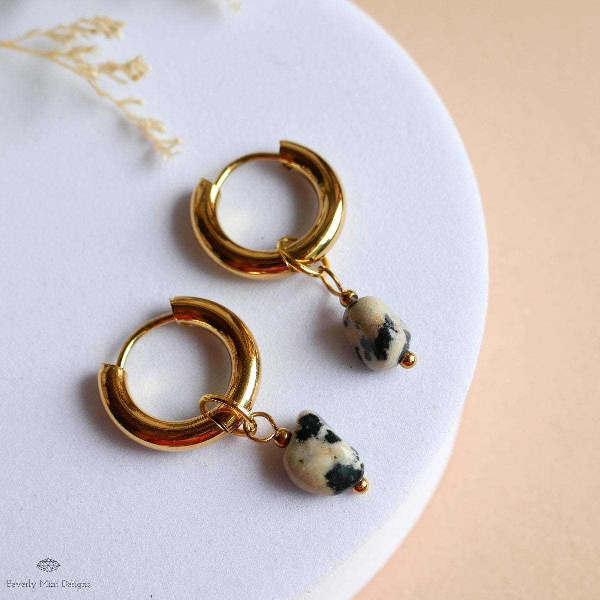 Dalmatian Jasper Earrings, Gold Huggie Hoop Earrings, Zebra Rock Jewelry, Dainty Stone Hoops, Minimalist Gift for Her, Boho Earrings