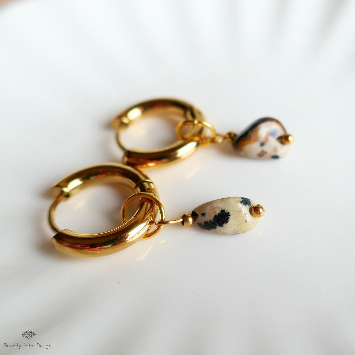 Dalmatian Jasper Earrings, Gold Huggie Hoop Earrings, Zebra Rock Jewelry, Dainty Stone Hoops, Minimalist Gift for Her, Boho Earrings