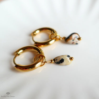 Dalmatian Jasper Earrings, Gold Huggie Hoop Earrings, Zebra Rock Jewelry, Dainty Stone Hoops, Minimalist Gift for Her, Boho Earrings