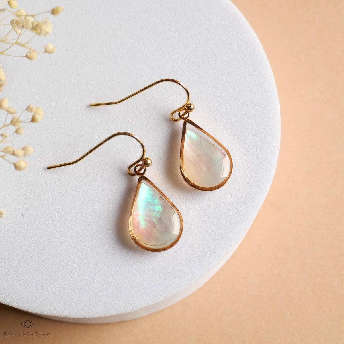 Mother of Pearl Style Teardrop Earrings, Gold Drop Earrings, Elegant Shell Style Jewelry, Sensitive Ear & Clip-On Options