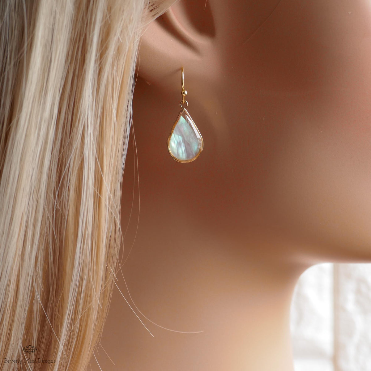 Mother of Pearl Style Teardrop Earrings, Gold Drop Earrings, Elegant Shell Style Jewelry, Sensitive Ear & Clip-On Options