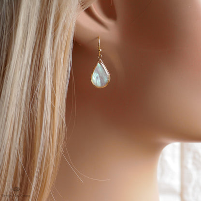 Mother of Pearl Style Teardrop Earrings, Gold Drop Earrings, Elegant Shell Style Jewelry, Sensitive Ear & Clip-On Options