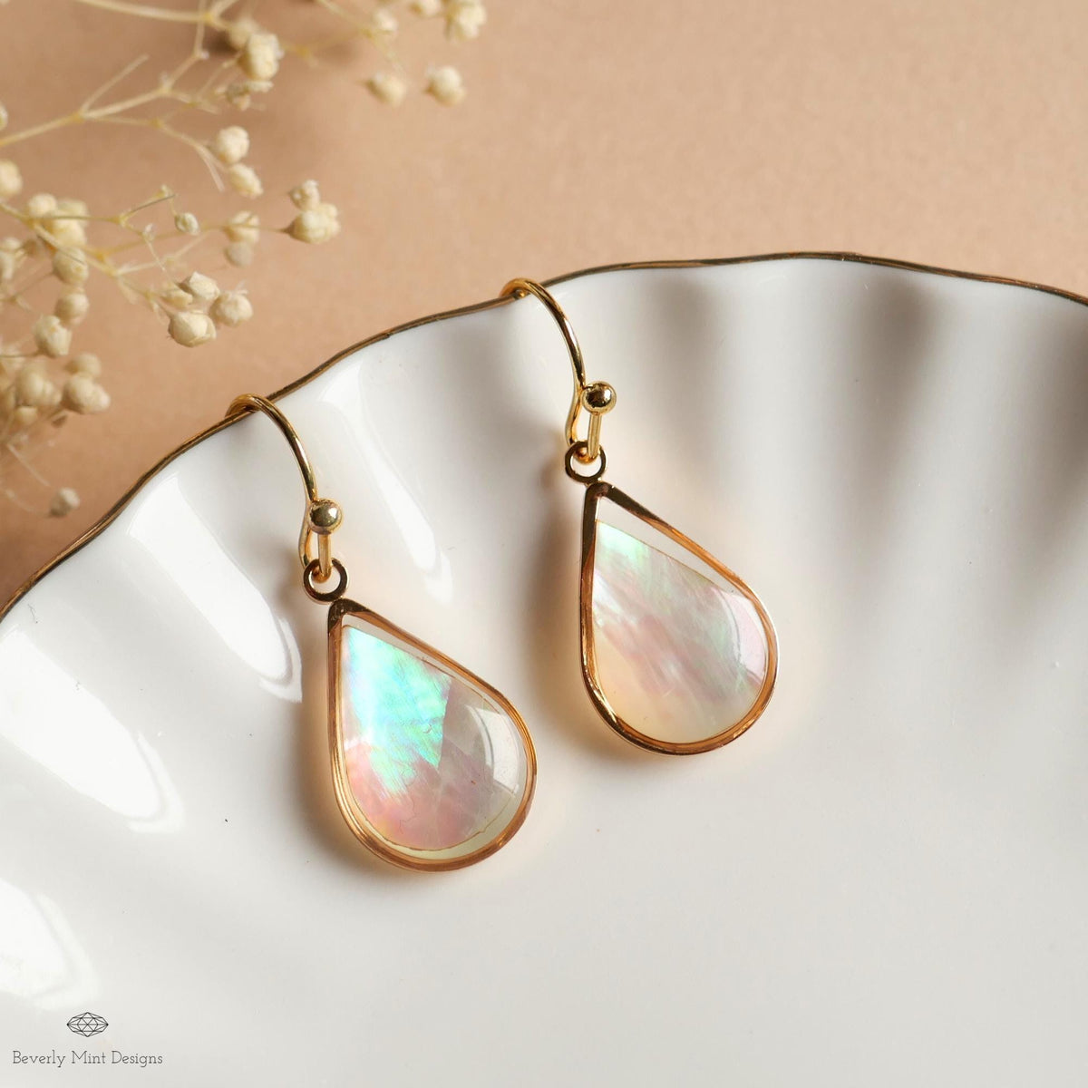 Mother of Pearl Style Teardrop Earrings, Gold Drop Earrings, Elegant Shell Style Jewelry, Sensitive Ear & Clip-On Options