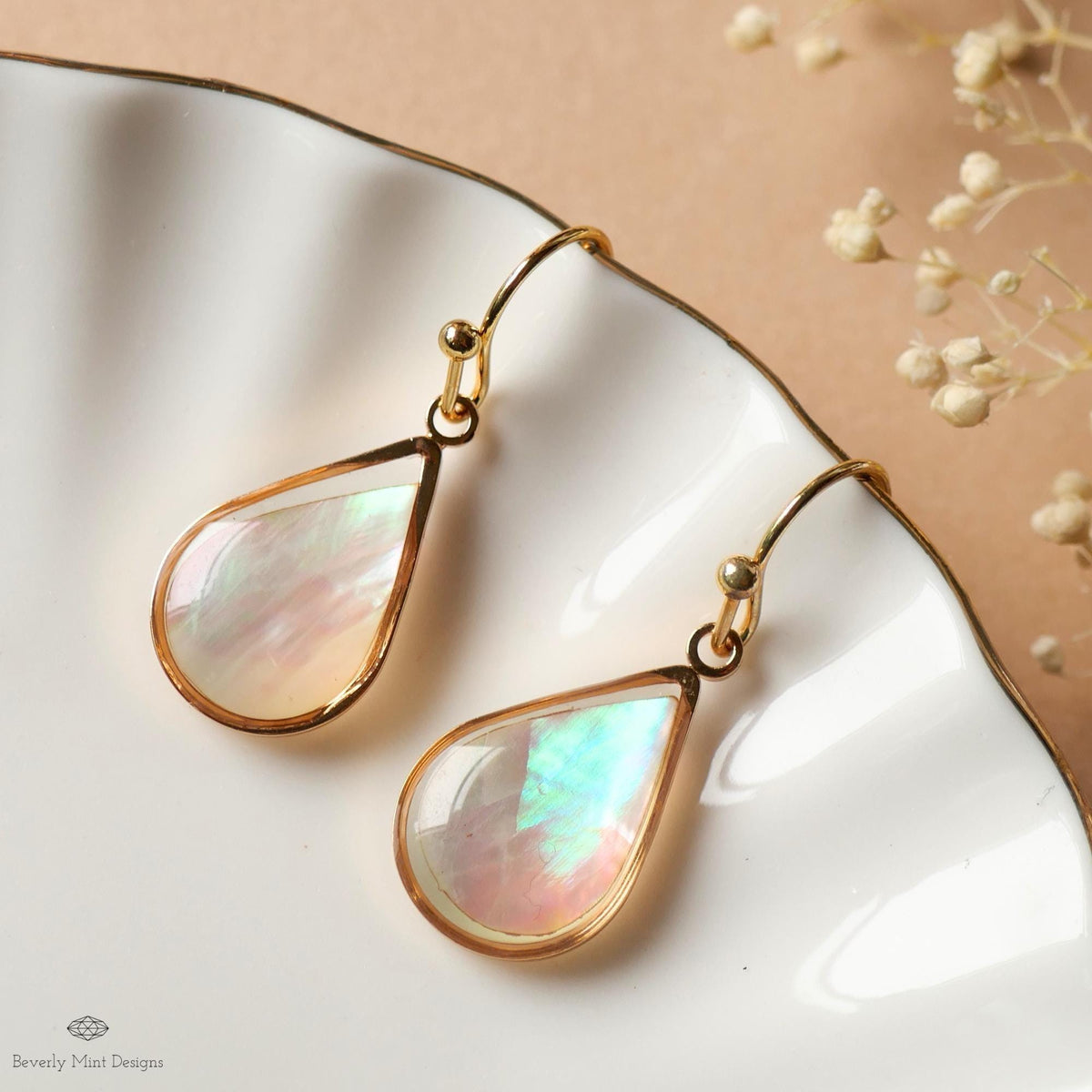 Mother of Pearl Style Teardrop Earrings, Gold Drop Earrings, Elegant Shell Style Jewelry, Sensitive Ear & Clip-On Options