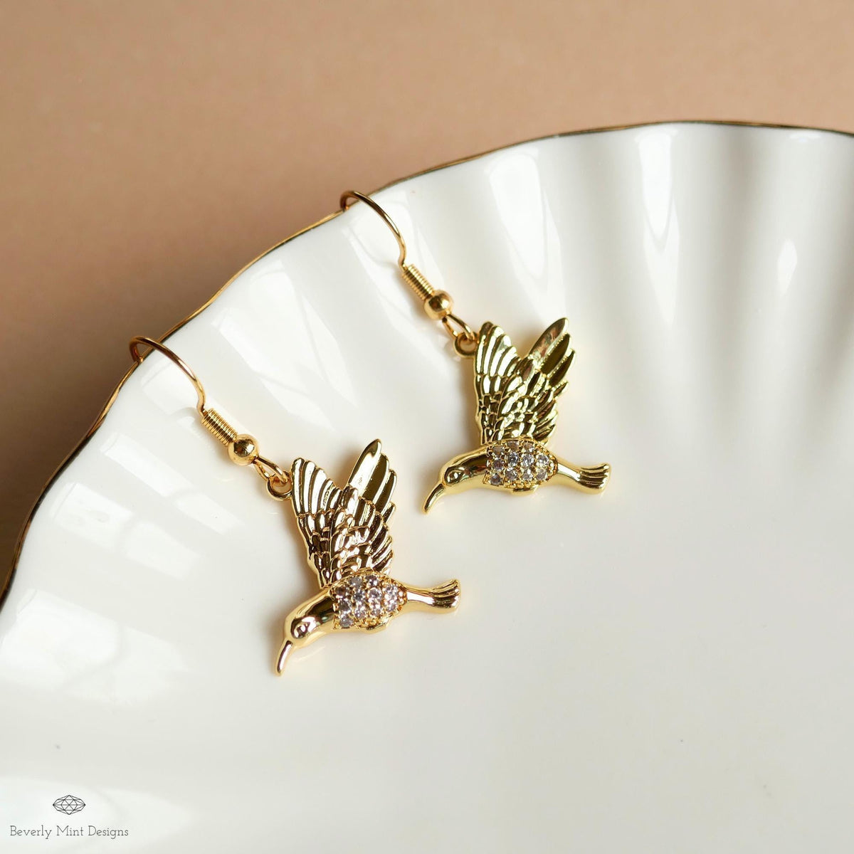 Gold Hummingbird Earrings Crystal Bird Dangle Earrings Animal Lover Gift Nature Inspired Jewelry, Sensitive Ear & Clip-On Options
