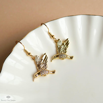 Gold Hummingbird Earrings Crystal Bird Dangle Earrings Animal Lover Gift Nature Inspired Jewelry, Sensitive Ear & Clip-On Options