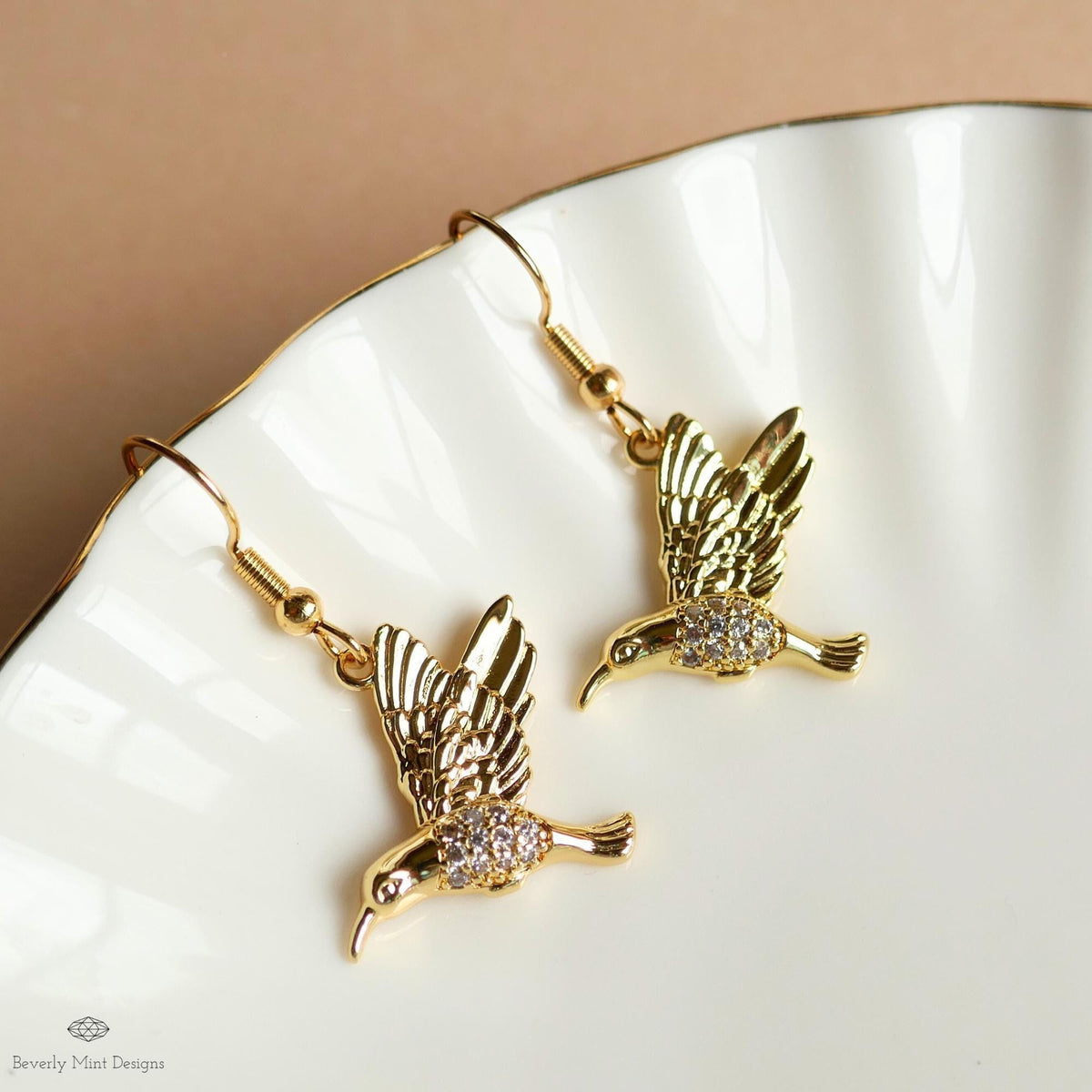 Gold Hummingbird Earrings Crystal Bird Dangle Earrings Animal Lover Gift Nature Inspired Jewelry, Sensitive Ear & Clip-On Options