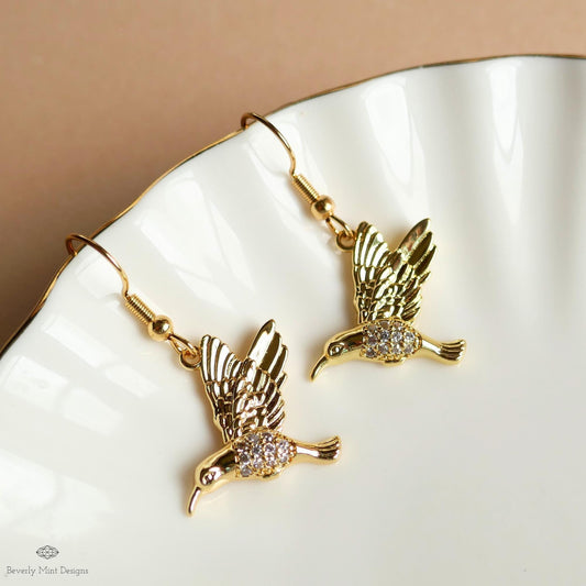 Gold Hummingbird Earrings Crystal Bird Dangle Earrings Animal Lover Gift Nature Inspired Jewelry, Sensitive Ear & Clip-On Options
