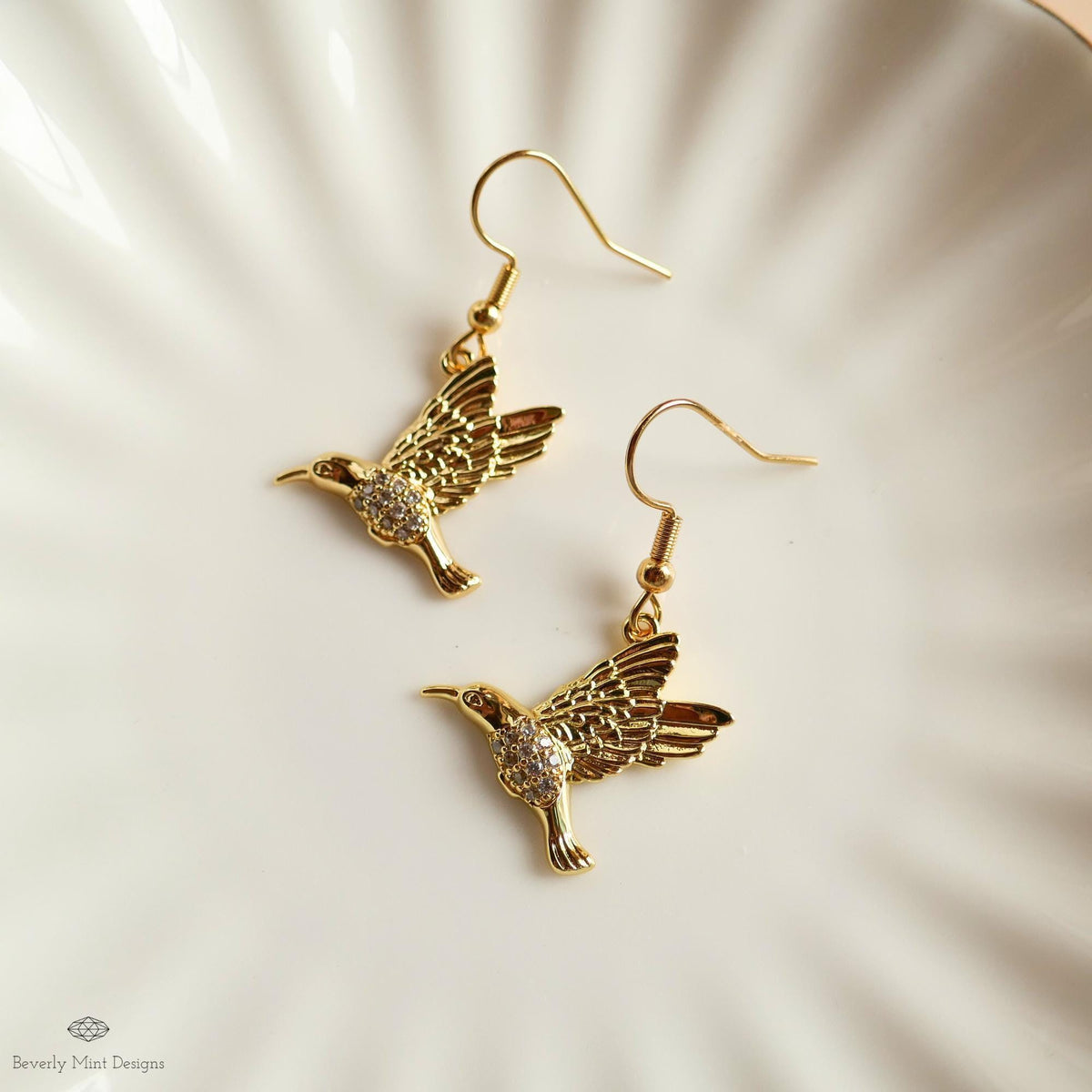 Gold Hummingbird Earrings Crystal Bird Dangle Earrings Animal Lover Gift Nature Inspired Jewelry, Sensitive Ear & Clip-On Options