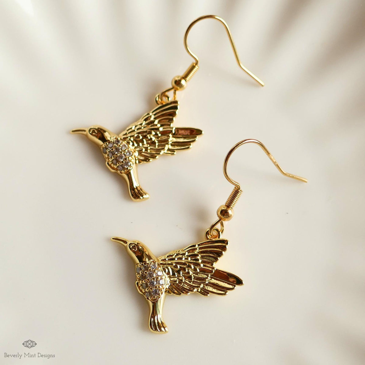 Gold Hummingbird Earrings Crystal Bird Dangle Earrings Animal Lover Gift Nature Inspired Jewelry, Sensitive Ear & Clip-On Options