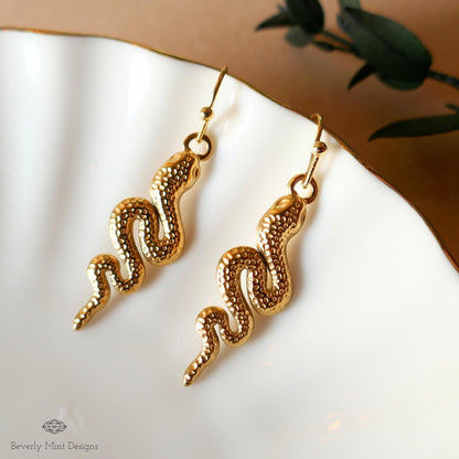 Gold Snake Earrings, Handmade Dangle Serpent Jewelry, Lightweight and Unique, Trendy Statement Earrings, Sensitive Ear & Clip-On Options