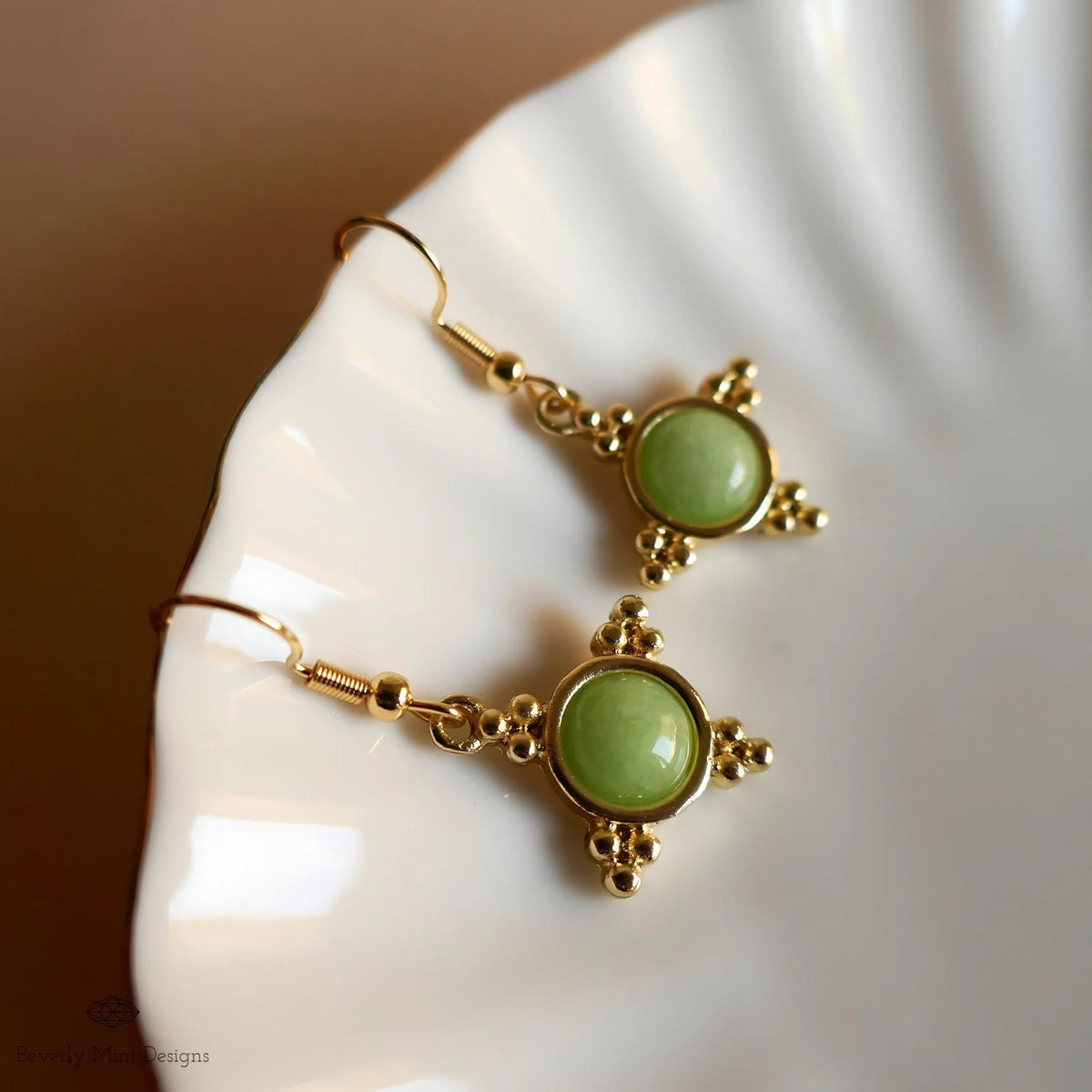 Gold and Green Dangle Earrings with Beaded Accents Boho Chic Handmade Jewelry for Women, Bohemian earrings, Sensitive Ear & Clip-On Options