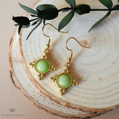 Gold and Green Dangle Earrings with Beaded Accents Boho Chic Handmade Jewelry for Women, Bohemian earrings, Sensitive Ear & Clip-On Options