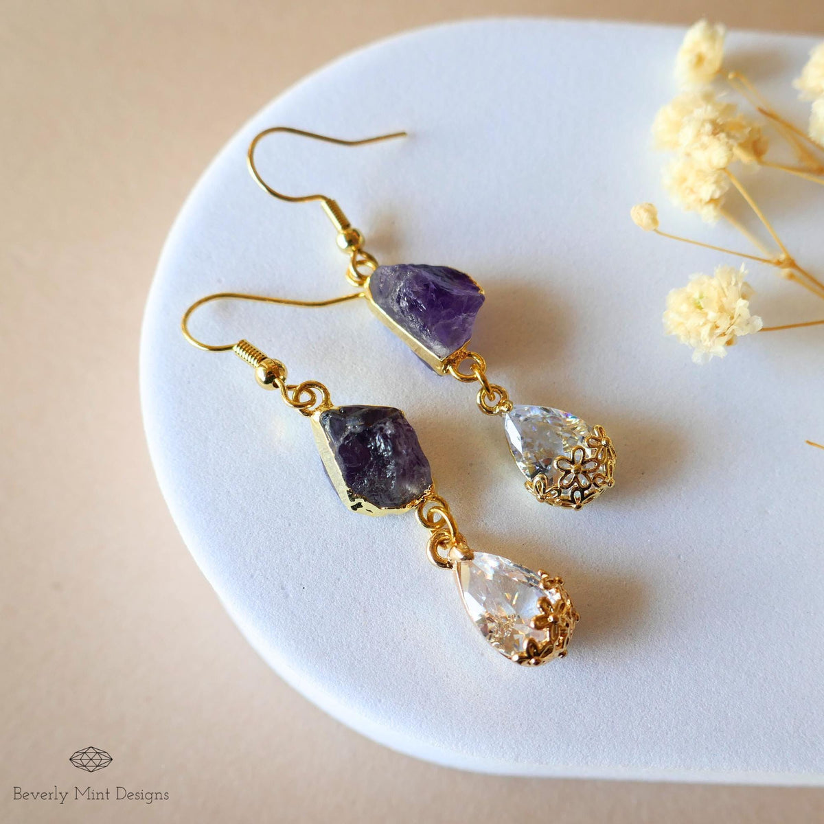 Raw Amethyst Earrings, Crystal Drop Earrings, Purple Dangle Earrings, Teardrop Bridal Jewelry, Sensitive Ear & Clip-On Options