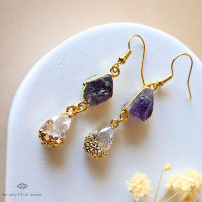 Raw Amethyst Earrings, Crystal Drop Earrings, Purple Dangle Earrings, Teardrop Bridal Jewelry, Sensitive Ear & Clip-On Options
