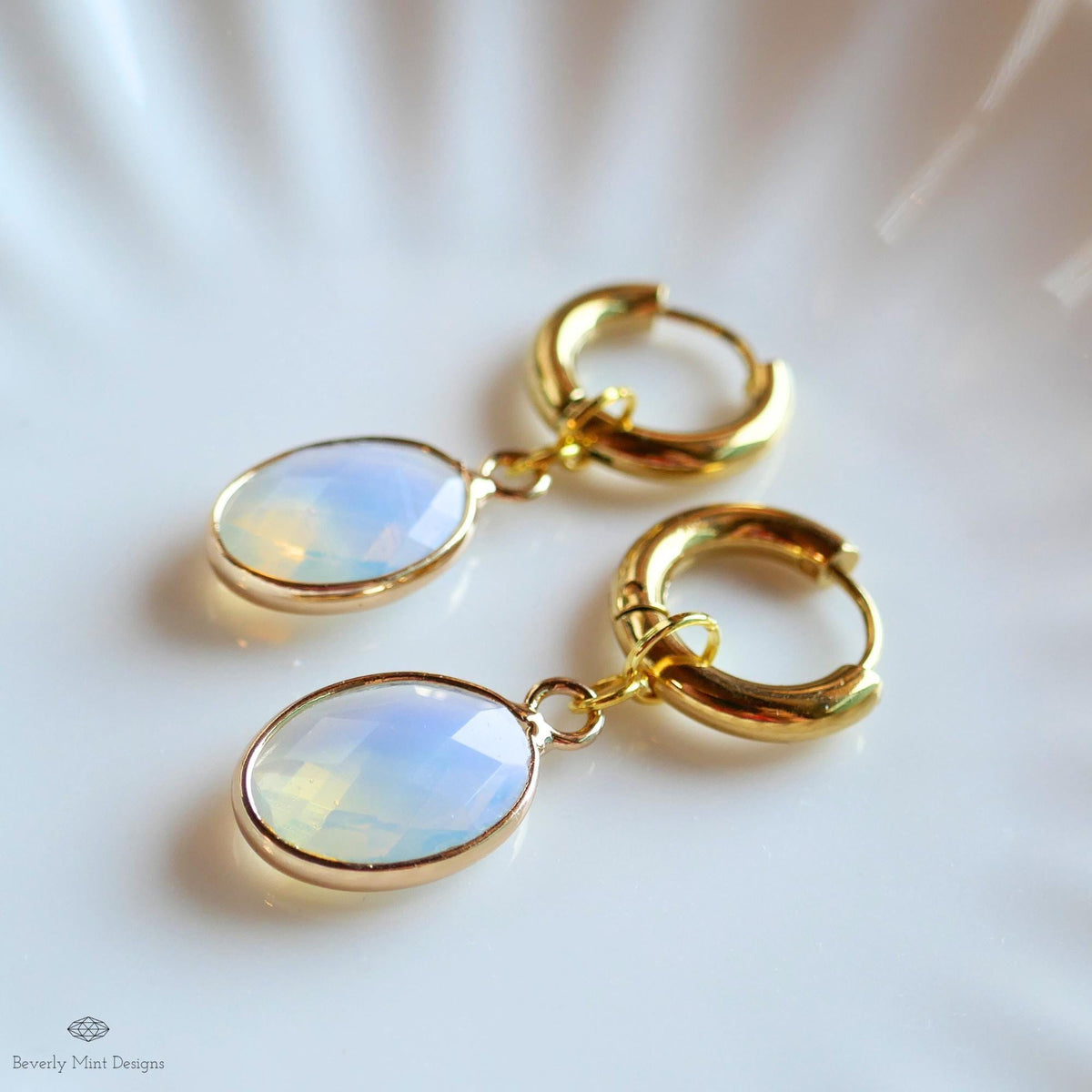 Oval opalite earrings, faceted opalite dangle, gold huggie hoops, minimalist drop earrings, boho chic jewelry