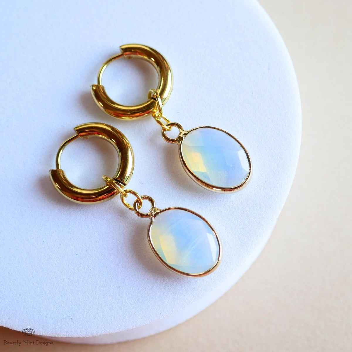 Oval opalite earrings, faceted opalite dangle, gold huggie hoops, minimalist drop earrings, boho chic jewelry