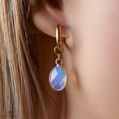 Oval opalite earrings, faceted opalite dangle, gold huggie hoops, minimalist drop earrings, boho chic jewelry