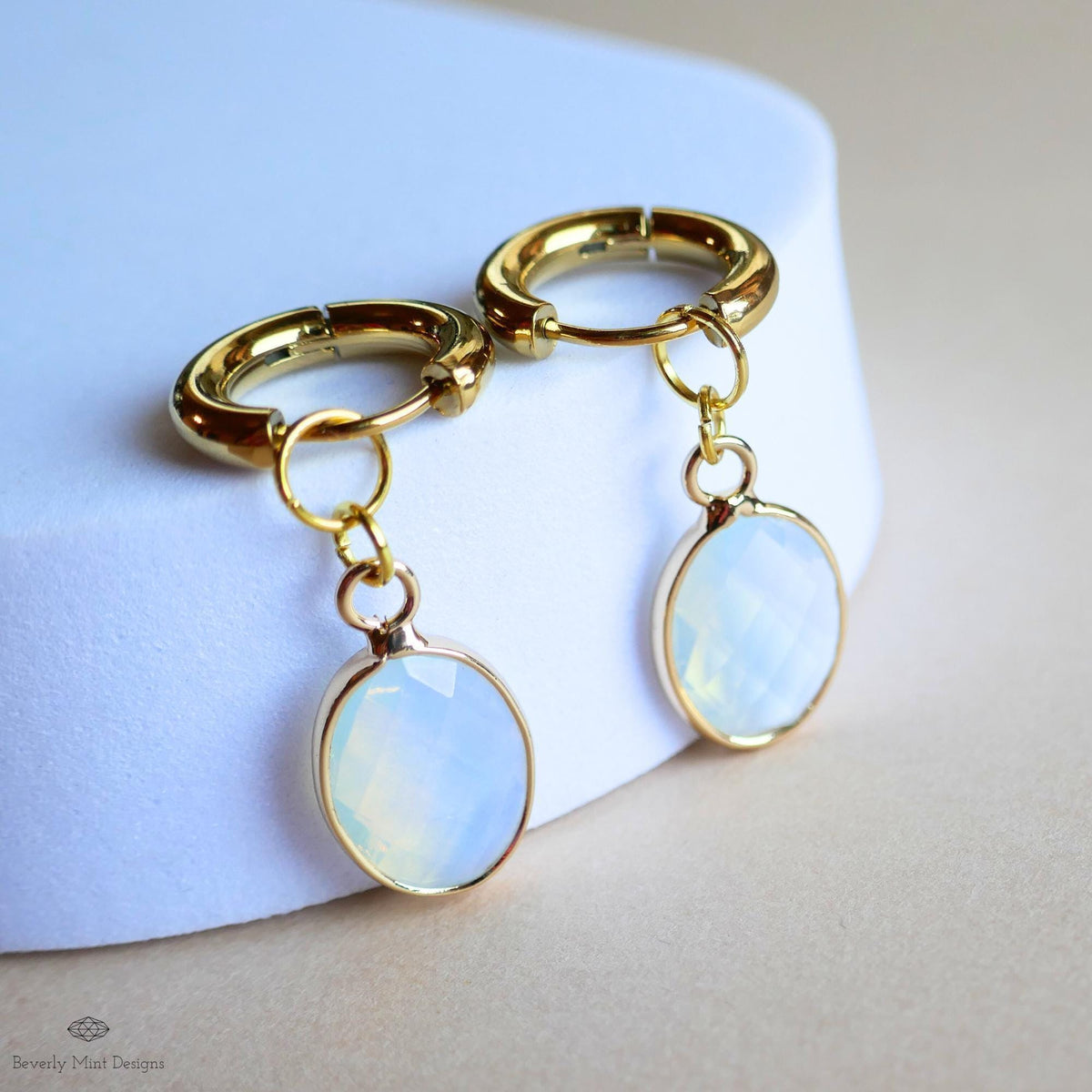 Oval opalite earrings, faceted opalite dangle, gold huggie hoops, minimalist drop earrings, boho chic jewelry