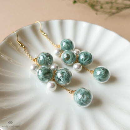 Bubble Earrings , Dangle Glass Beaded Earrings with Pearls, Gold Chain Lightweight Fairycore Jewelry, Sensitive Ear & Clip-On Options