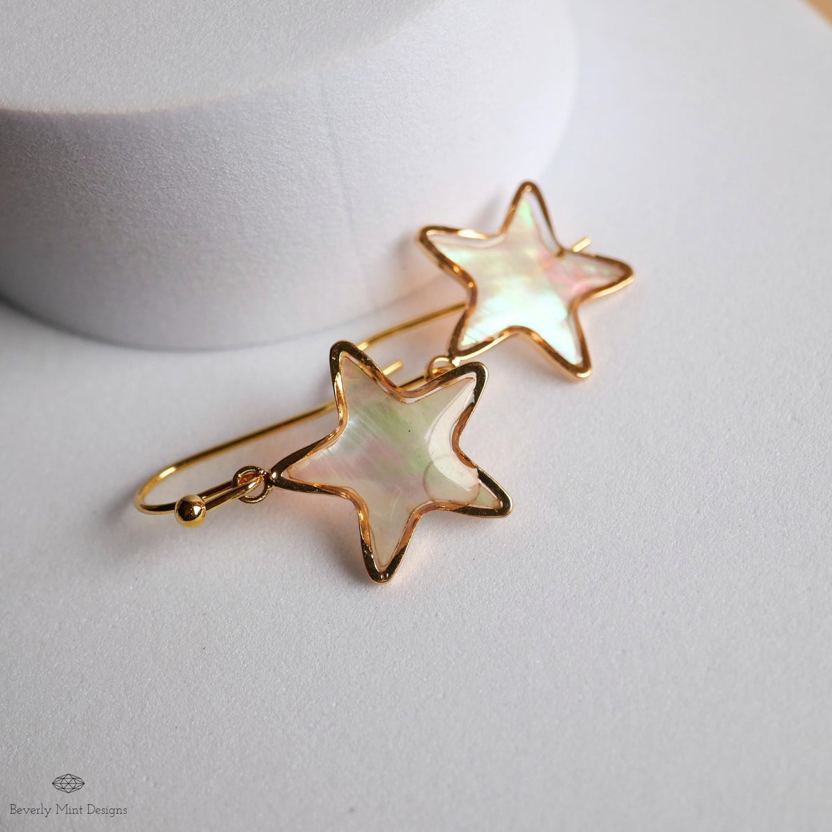 Mother of Pearl Style Star Earrings, Gold Drop Earrings, Elegant Shell Jewelry, Minimalist Earrings, Sensitive Ear & Clip-On Options