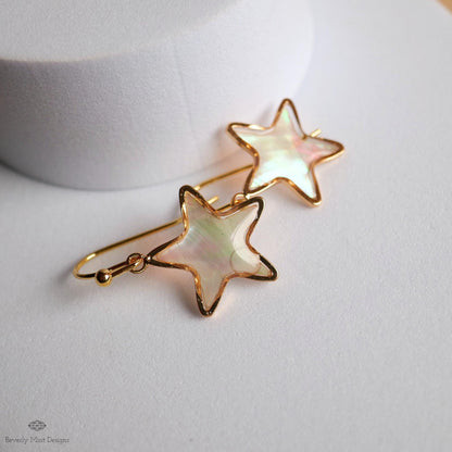 Mother of Pearl Style Star Earrings, Gold Drop Earrings, Elegant Shell Jewelry, Minimalist Earrings, Sensitive Ear & Clip-On Options