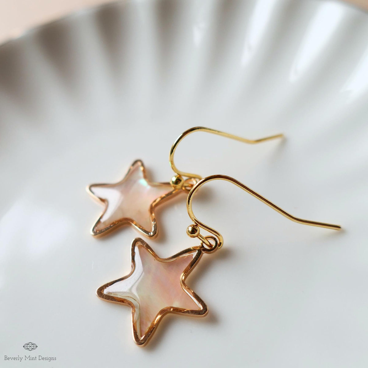 Mother of Pearl Style Star Earrings, Gold Drop Earrings, Elegant Shell Jewelry, Minimalist Earrings, Sensitive Ear & Clip-On Options