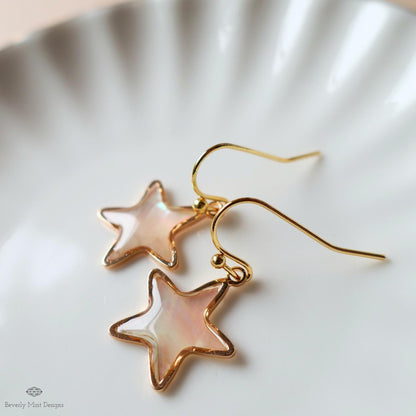 Mother of Pearl Style Star Earrings, Gold Drop Earrings, Elegant Shell Jewelry, Minimalist Earrings, Sensitive Ear & Clip-On Options