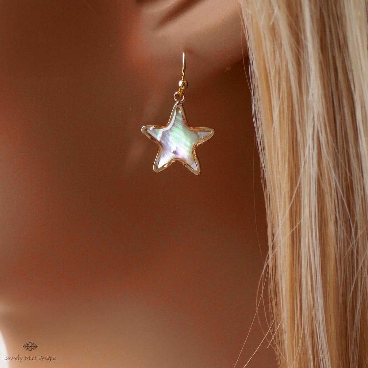 Mother of Pearl Style Star Earrings, Gold Drop Earrings, Elegant Shell Jewelry, Minimalist Earrings, Sensitive Ear & Clip-On Options