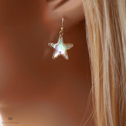 Mother of Pearl Style Star Earrings, Gold Drop Earrings, Elegant Shell Jewelry, Minimalist Earrings, Sensitive Ear & Clip-On Options