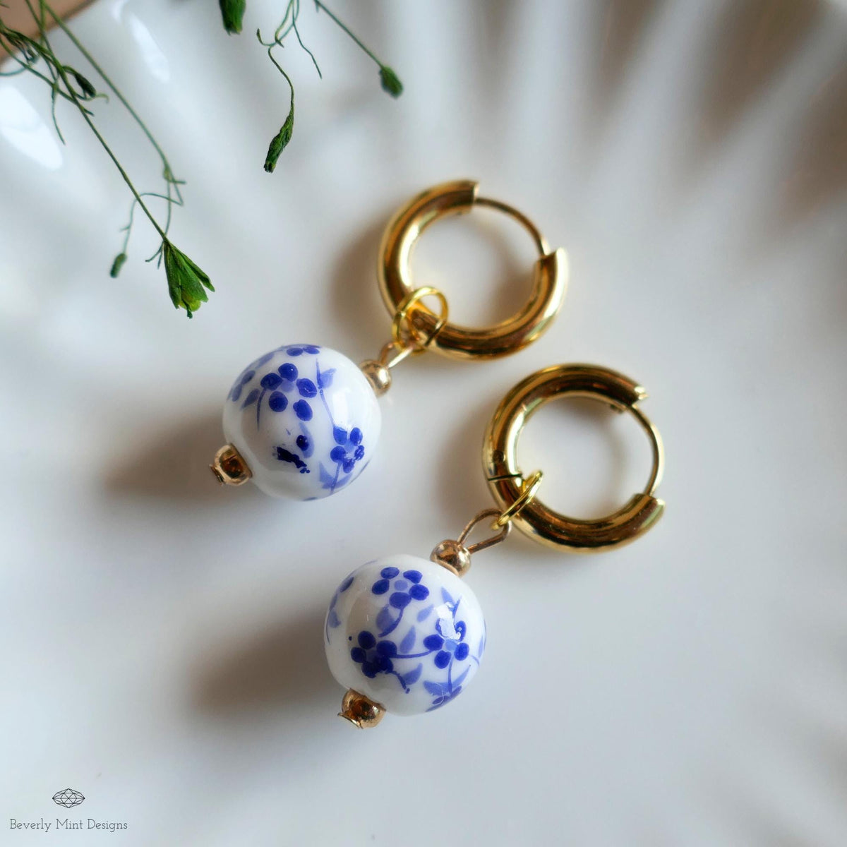 Blue and White Ceramic Bead Earrings, Chunky Gold Hoop Earrings with Floral Ceramic Beads, Chinoiserie Style Jewelry, Handmade Earrings