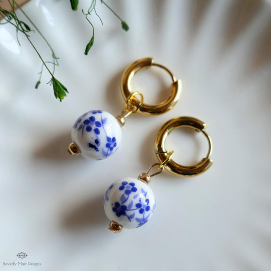 Blue and White Ceramic Bead Earrings, Chunky Gold Hoop Earrings with Floral Ceramic Beads, Chinoiserie Style Jewelry, Handmade Earrings