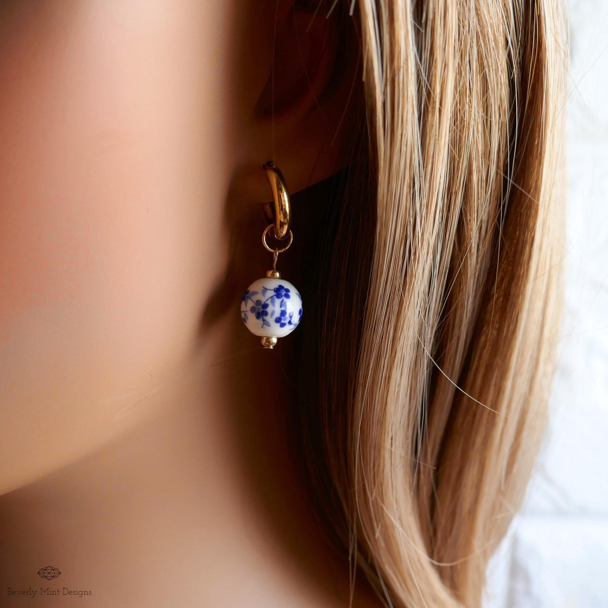 Blue and White Ceramic Bead Earrings, Chunky Gold Hoop Earrings with Floral Ceramic Beads, Chinoiserie Style Jewelry, Handmade Earrings