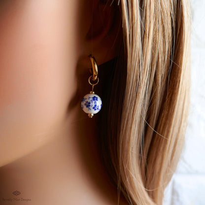Blue and White Ceramic Bead Earrings, Chunky Gold Hoop Earrings with Floral Ceramic Beads, Chinoiserie Style Jewelry, Handmade Earrings